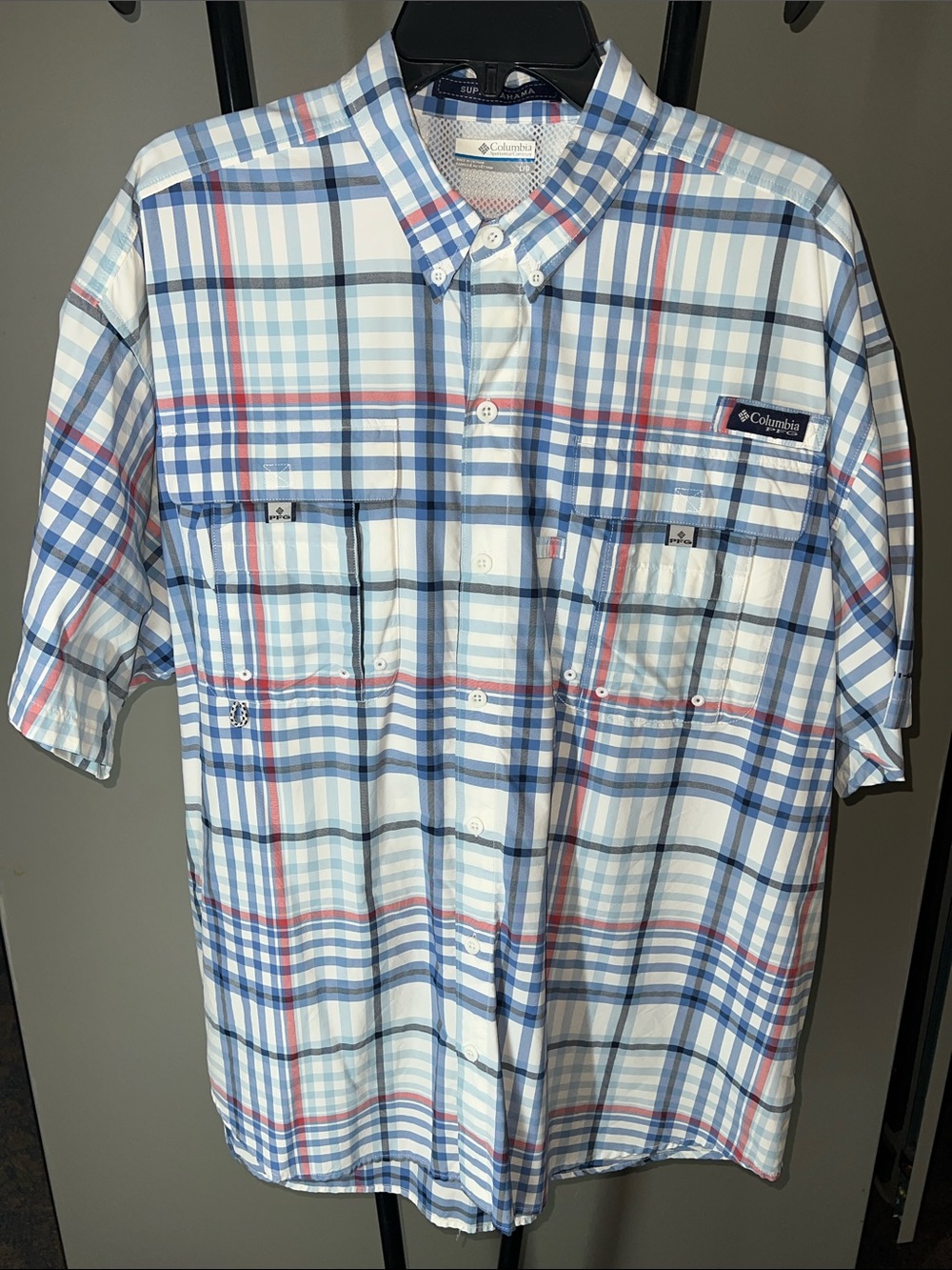 Columbia Men’s Short-Sleeve Plaid Button-Down Shirt - Blue/White/Red